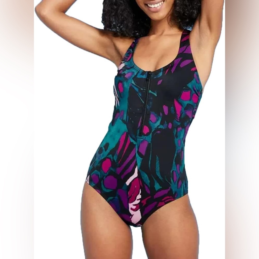 All In Motion Zip-Front Racerback One Piece Swimsuit Black Floral